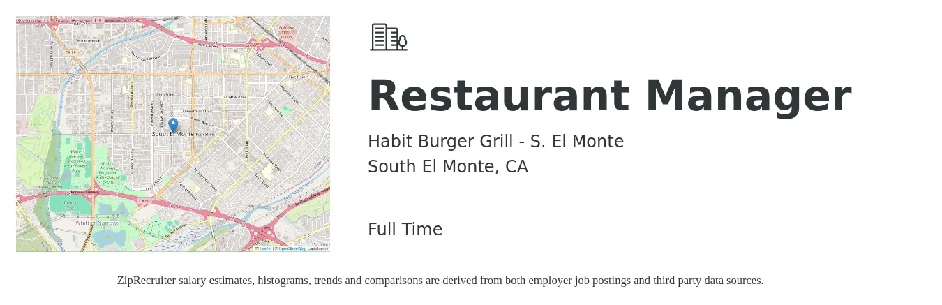 Habit Burger Grill - S. El Monte job posting for a Restaurant Manager in South El Monte, CA with a salary of $45,300 to $63,900 Yearly with a map of South El Monte location.
