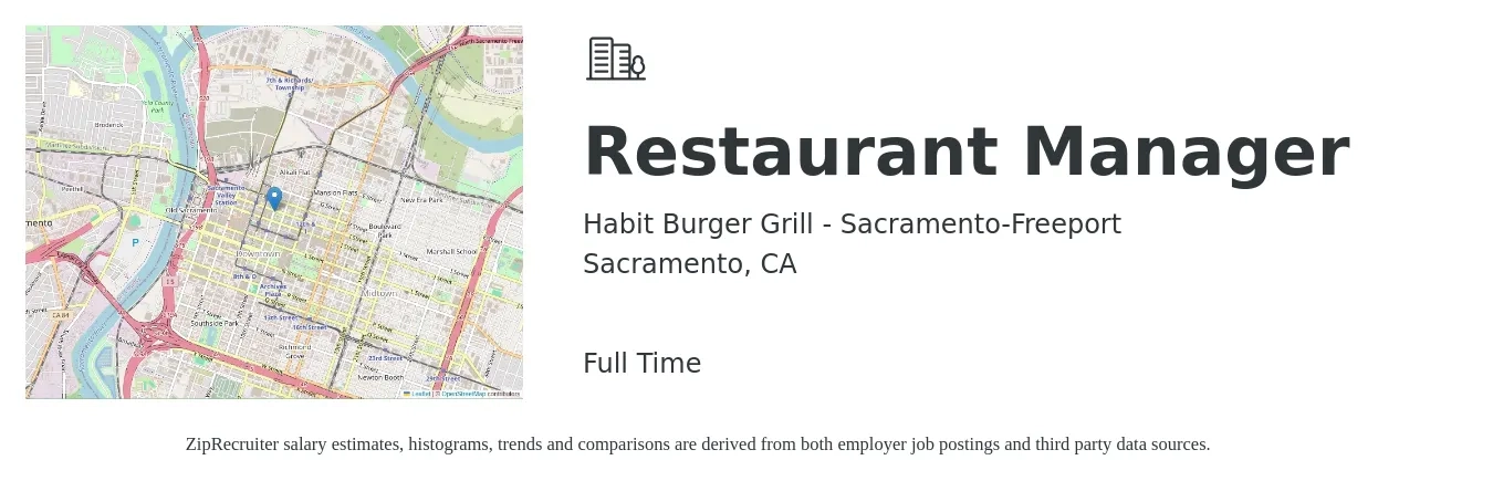 Habit Burger Grill - Sacramento-Freeport job posting for a Restaurant Manager in Sacramento, CA with a salary of $41,700 to $58,800 Yearly with a map of Sacramento location.