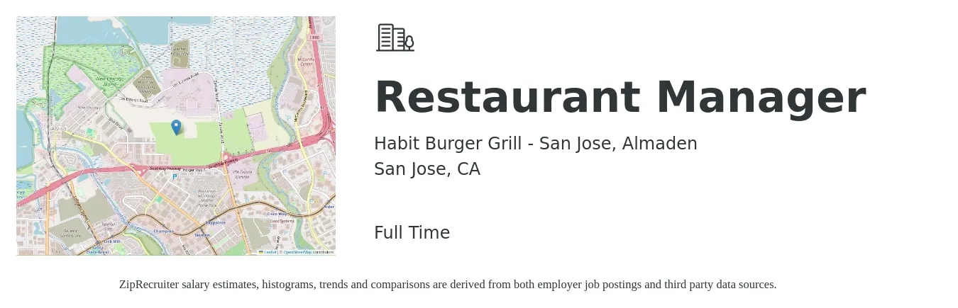 Habit Burger Grill - San Jose, Almaden job posting for a Restaurant Manager in San Jose, CA with a salary of $55,600 to $78,500 Yearly with a map of San Jose location.