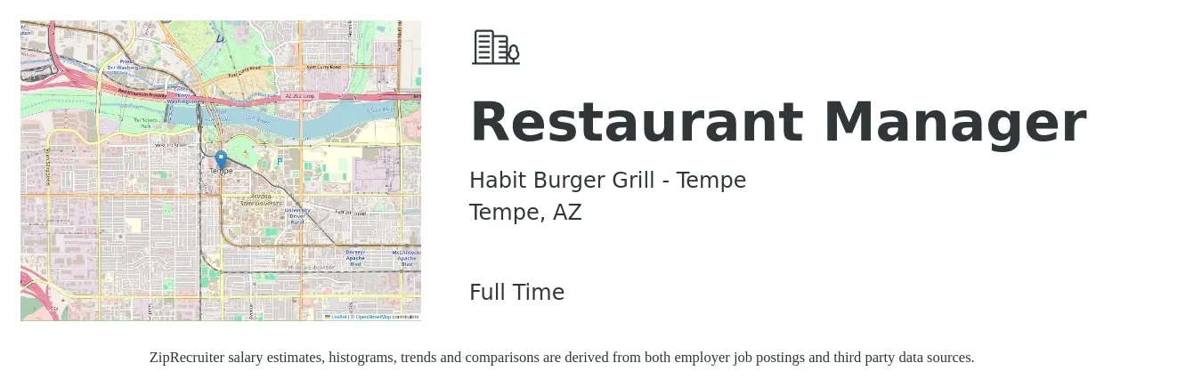 Habit Burger Grill - Tempe job posting for a Restaurant Manager in Tempe, AZ with a salary of $44,000 to $62,100 Yearly with a map of Tempe location.
