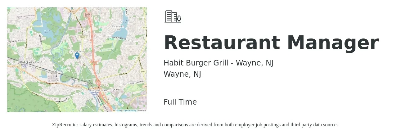 Habit Burger Grill - Wayne, NJ job posting for a Restaurant Manager in Wayne, NJ with a salary of $44,400 to $62,600 Yearly with a map of Wayne location.