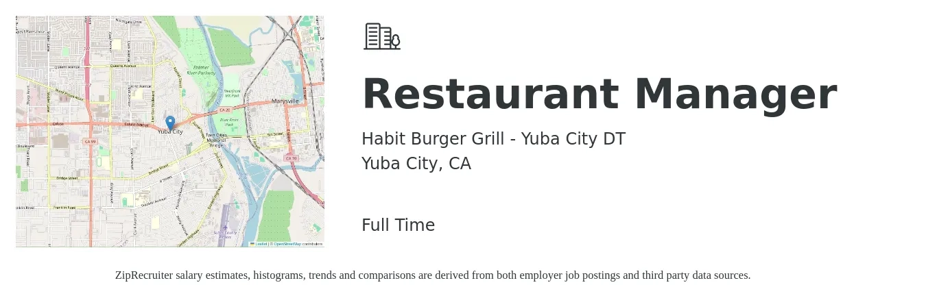 Habit Burger Grill - Yuba City DT job posting for a Restaurant Manager in Yuba City, CA with a salary of $47,600 to $67,100 Yearly with a map of Yuba City location.