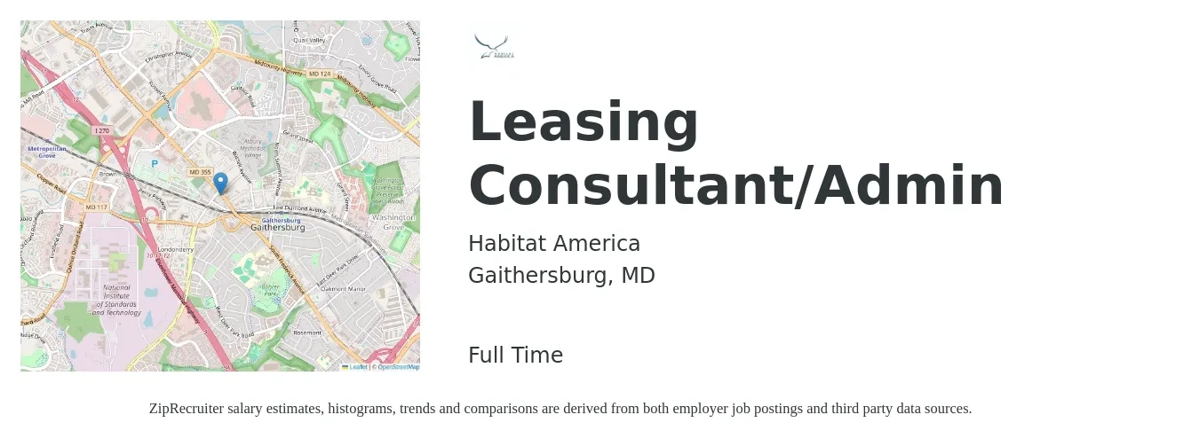 Habitat America job posting for a Leasing Consultant/Admin in Gaithersburg, MD with a salary of $18 to $21 Hourly with a map of Gaithersburg location.