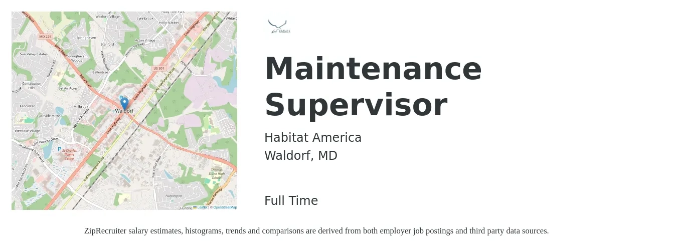 Habitat America job posting for a Maintenance Supervisor in Waldorf, MD with a salary of $23 to $38 Hourly with a map of Waldorf location.