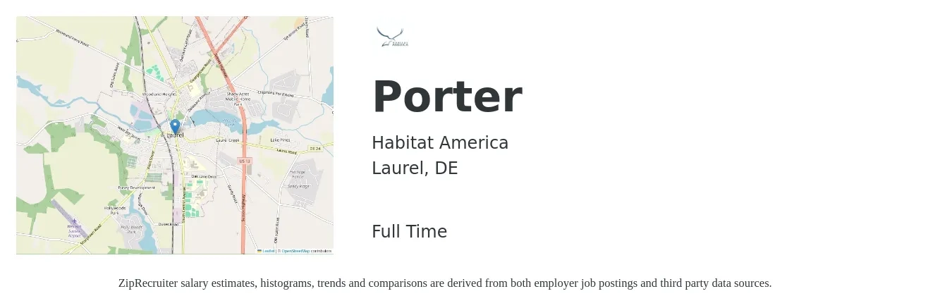 Habitat America job posting for a Porter in Laurel, DE with a salary of $13 to $16 Hourly with a map of Laurel location.