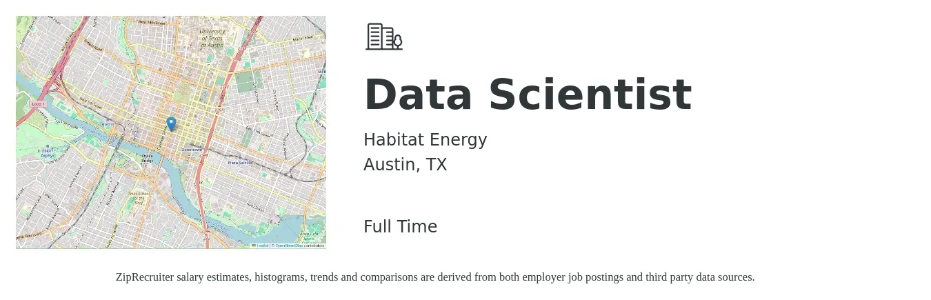 Habitat Energy job posting for a Data Scientist in Austin, TX with a salary of $96,000 to $132,600 Yearly with a map of Austin location.