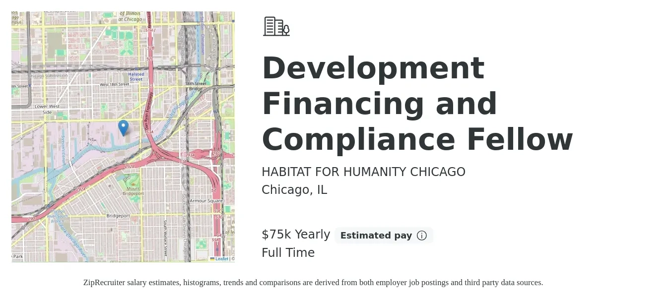 HABITAT FOR HUMANITY CHICAGO job posting for a Development Financing and Compliance Fellow in Chicago, IL with a salary of $75,000 Yearly with a map of Chicago location.