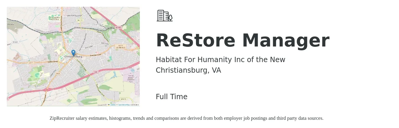 Habitat For Humanity Inc of the New job posting for a ReStore Manager in Christiansburg, VA with a salary of $22 Hourly with a map of Christiansburg location.