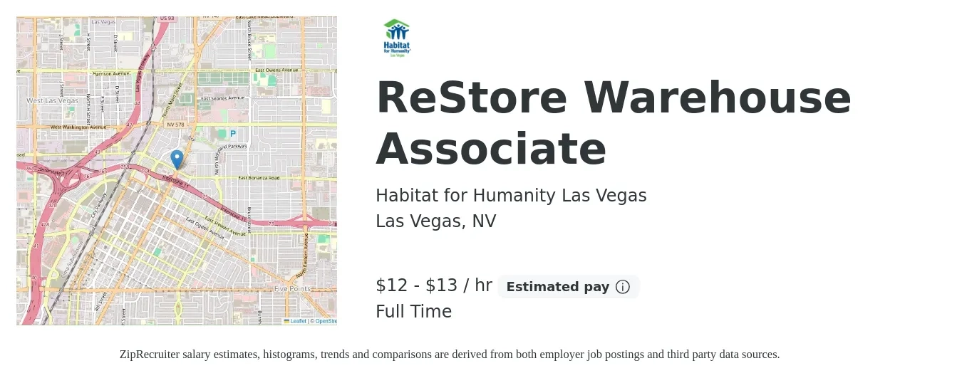 Habitat for Humanity Las Vegas job posting for a ReStore Warehouse Associate in Las Vegas, NV with a salary of $13 to $14 Hourly with a map of Las Vegas location.