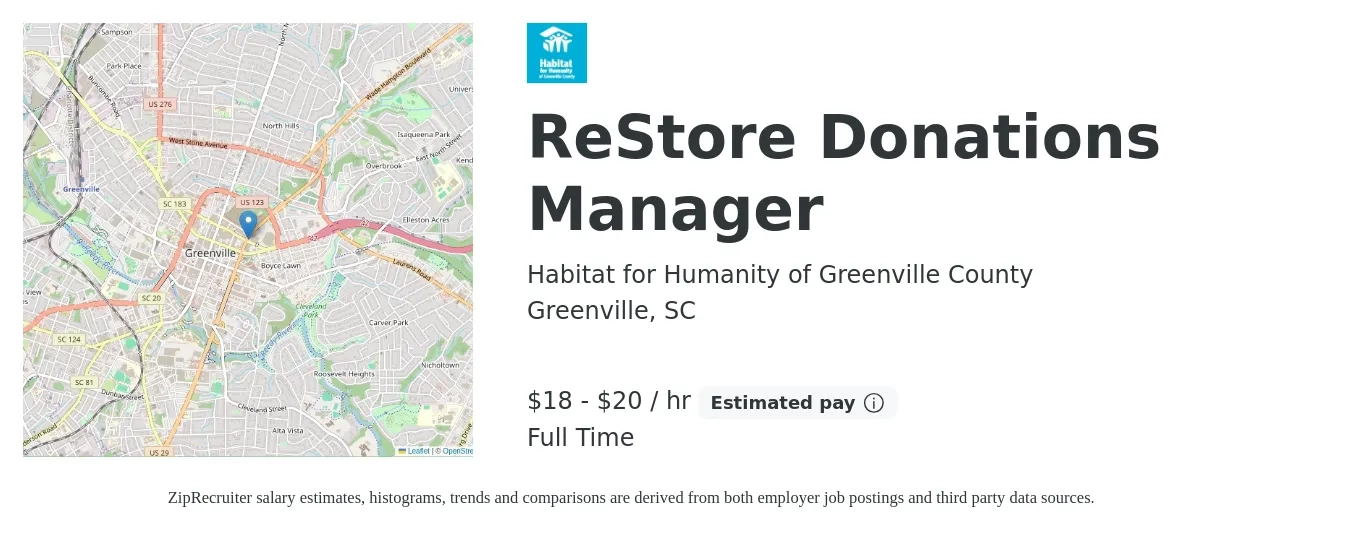 Habitat for Humanity of Greenville County job posting for a ReStore Donations Manager in Greenville, SC with a salary of $40,000 to $45,000 Yearly with a map of Greenville location.