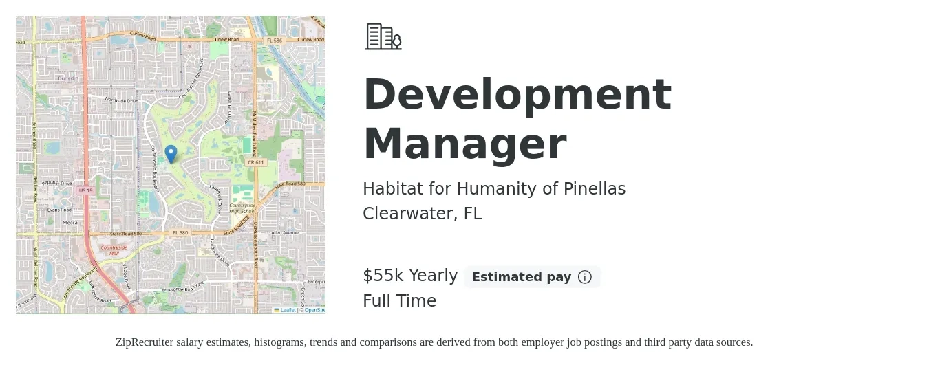 Habitat for Humanity of Pinellas job posting for a Development Manager in Clearwater, FL with a salary of $51,600 to $79,900 Yearly with a map of Clearwater location.