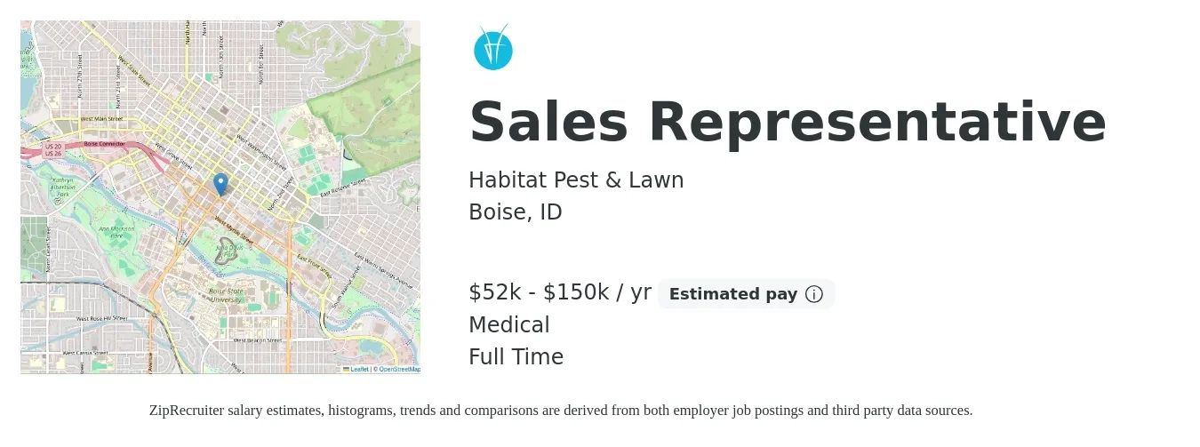 Habitat Pest & Lawn job posting for a Sales Representative in Boise, ID with a salary of $52,000 to $150,000 Yearly and benefits including medical, and pto with a map of Boise location.