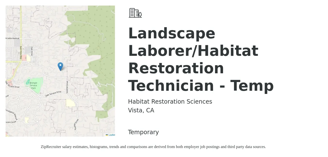 Habitat Restoration Sciences job posting for a Landscape Laborer/Habitat Restoration Technician - Temp in Vista, CA with a salary of $17 to $20 Hourly with a map of Vista location.