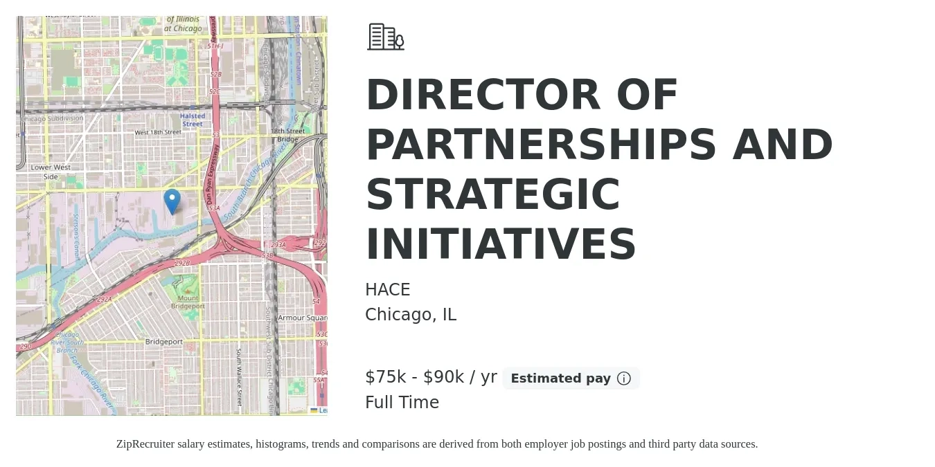 HACE job posting for a DIRECTOR OF PARTNERSHIPS AND STRATEGIC INITIATIVES in Chicago, IL with a salary of $75,000 to $90,000 Yearly with a map of Chicago location.