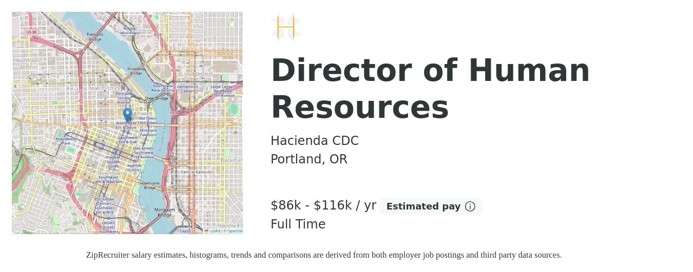 Hacienda CDC job posting for a Director of Human Resources in Portland, OR with a salary of $86,000 to $116,000 Yearly with a map of Portland location.