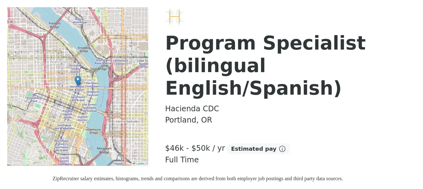 Hacienda CDC job posting for a Program Specialist (bilingual English/Spanish) in Portland, OR with a salary of $46,000 to $50,000 Yearly with a map of Portland location.