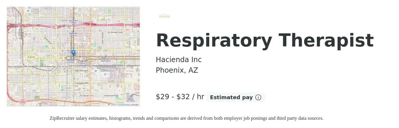 Hacienda Inc job posting for a Respiratory Therapist in Phoenix, AZ with a salary of $31 to $34 Hourly with a map of Phoenix location.