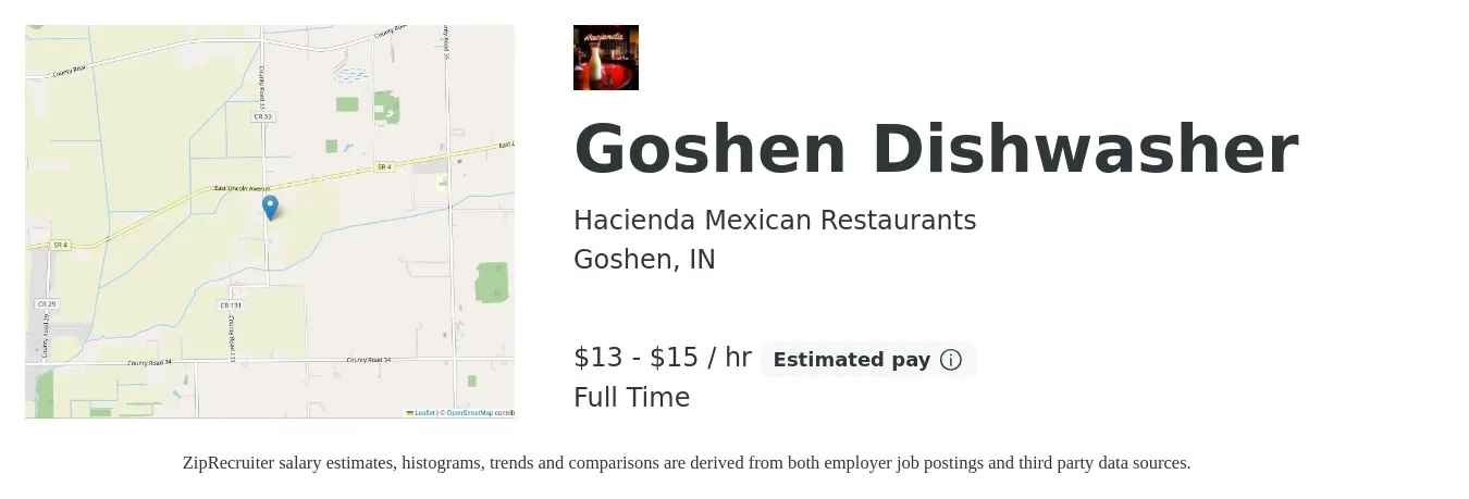 Hacienda Mexican Restaurants job posting for a Goshen Dishwasher in Goshen, IN with a salary of $14 to $16 Hourly with a map of Goshen location.