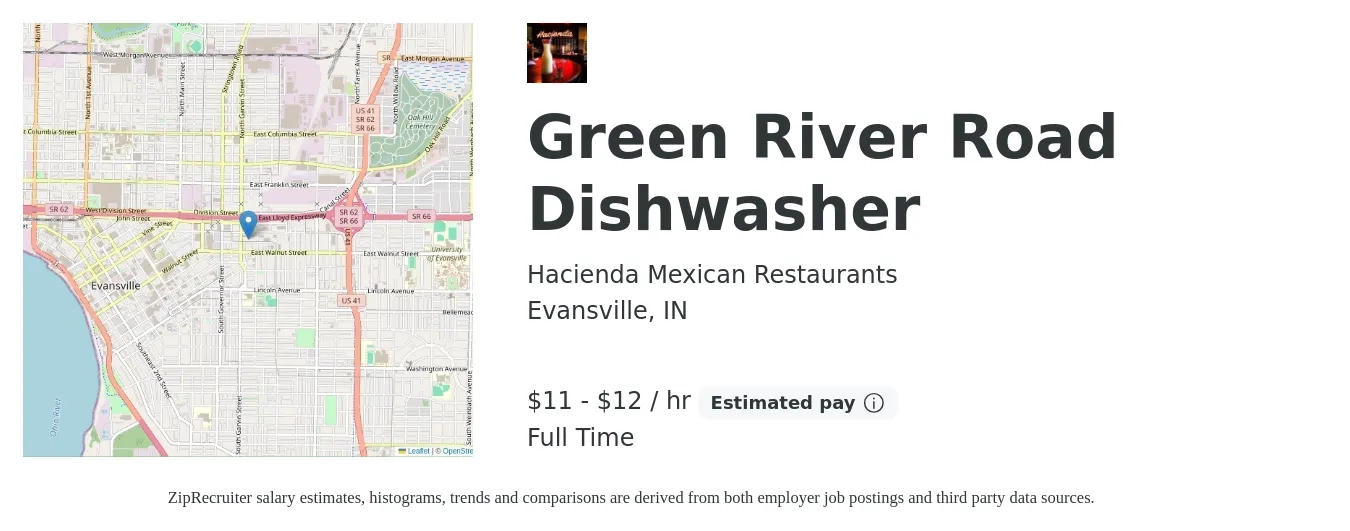 Hacienda Mexican Restaurants job posting for a Green River Road Dishwasher in Evansville, IN with a salary of $12 to $13 Hourly with a map of Evansville location.