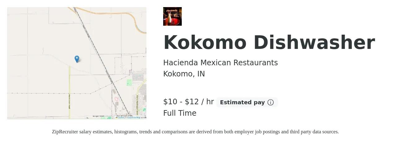 Hacienda Mexican Restaurants job posting for a Kokomo Dishwasher in Kokomo, IN with a salary of $11 to $13 Hourly with a map of Kokomo location.