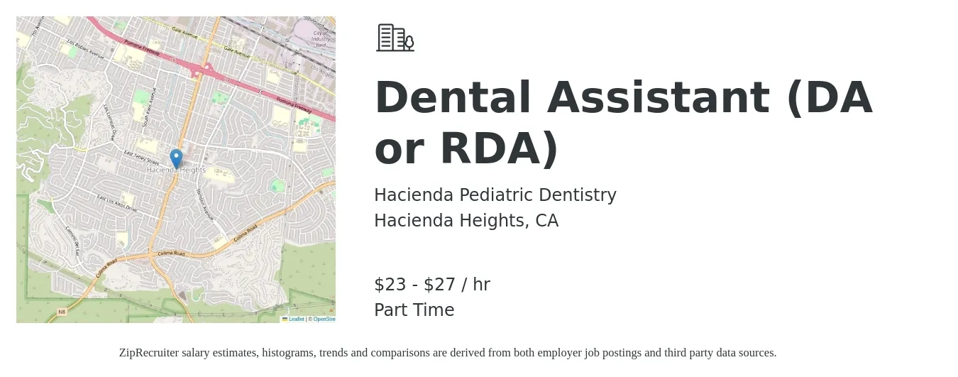 Hacienda Pediatric Dentistry job posting for a Dental Assistant (DA or RDA) in Hacienda Heights, CA with a salary of $24 to $29 Hourly with a map of Hacienda Heights location.