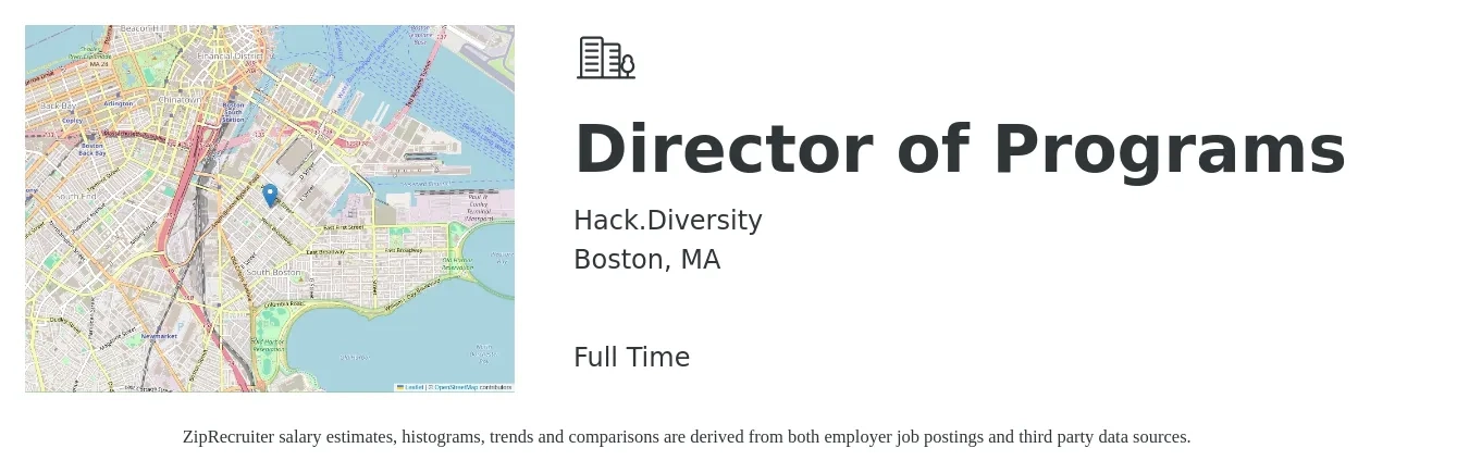 Hack.Diversity job posting for a Director of Programs in Boston, MA with a salary of $57,600 to $100,500 Yearly with a map of Boston location.