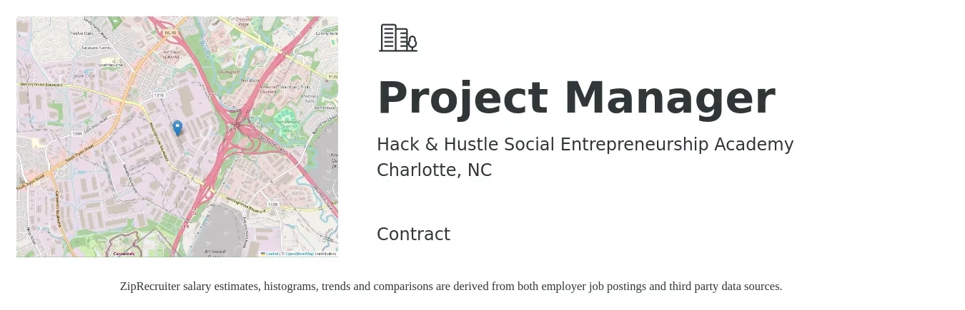 Hack & Hustle Social Entrepreneurship Academy job posting for a Project Manager in Charlotte, NC with a salary of $1,500 to $2,000 Monthly with a map of Charlotte location.