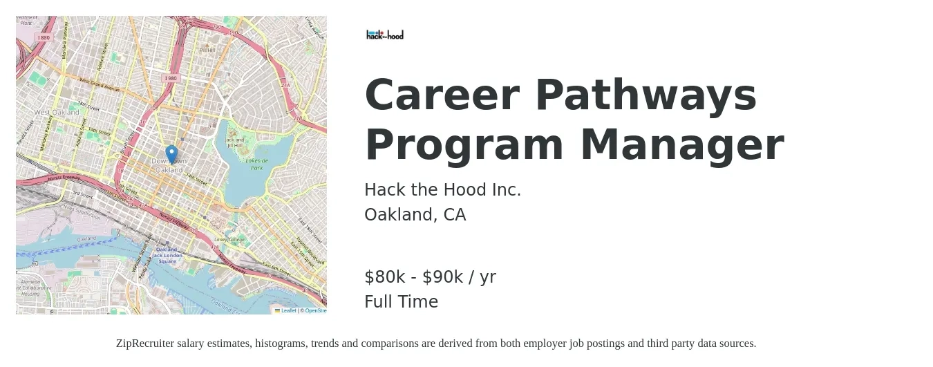 Hack the Hood Inc. job posting for a Career Pathways Program Manager in Oakland, CA with a salary of $80,000 to $90,000 Yearly with a map of Oakland location.