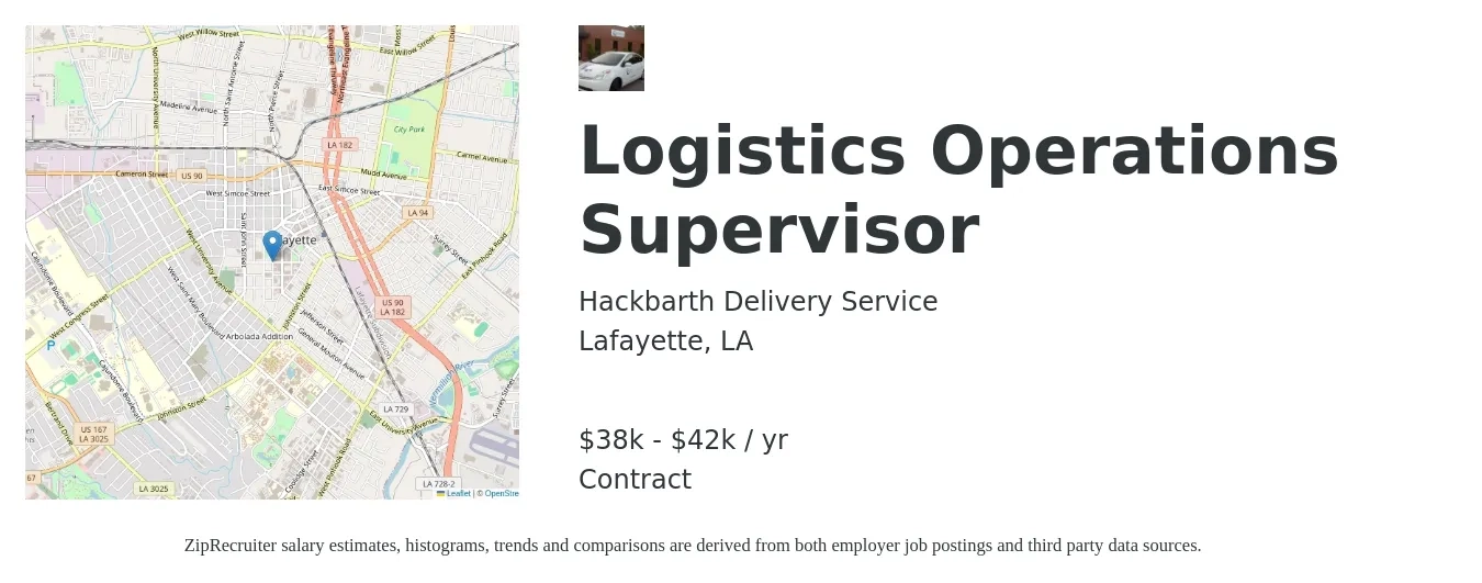 Hackbarth Delivery Service job posting for a Logistics Operations Supervisor in Lafayette, LA with a salary of $38,000 to $42,000 Yearly with a map of Lafayette location.