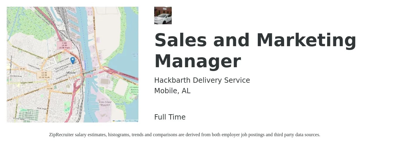Hackbarth Delivery Service job posting for a Sales and Marketing Manager in Mobile, AL with a salary of $65,000 Yearly with a map of Mobile location.