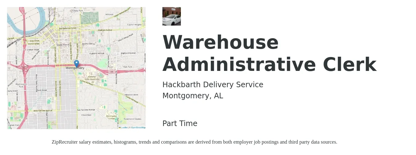 Hackbarth Delivery Service job posting for a Warehouse Administrative Clerk in Montgomery, AL with a salary of $16 Hourly with a map of Montgomery location.