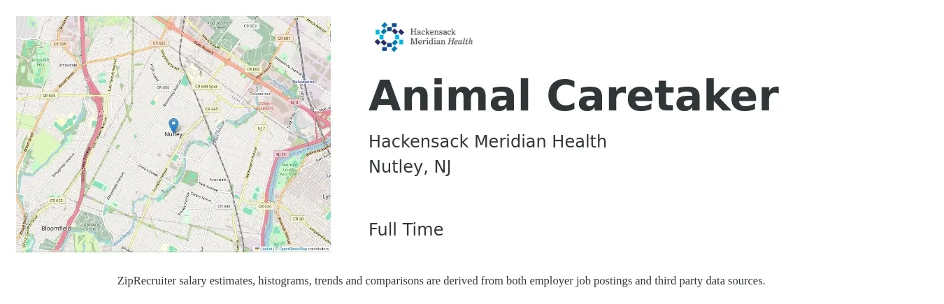 Hackensack Meridian Health job posting for a Animal Caretaker in Nutley, NJ with a salary of $14 to $20 Hourly with a map of Nutley location.