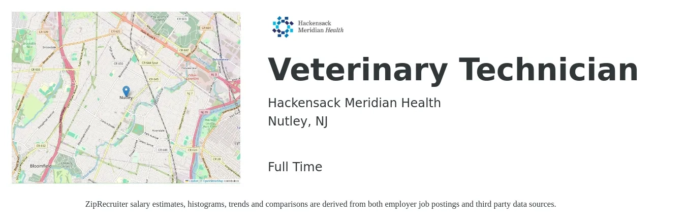 Hackensack Meridian Health job posting for a Veterinary Technician in Nutley, NJ with a salary of $19 to $26 Hourly with a map of Nutley location.