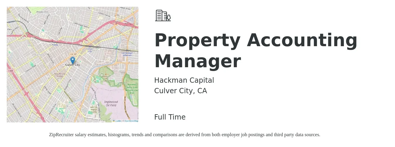 Hackman Capital job posting for a Property Accounting Manager in Culver City, CA with a salary of $58,300 to $77,400 Yearly with a map of Culver City location.