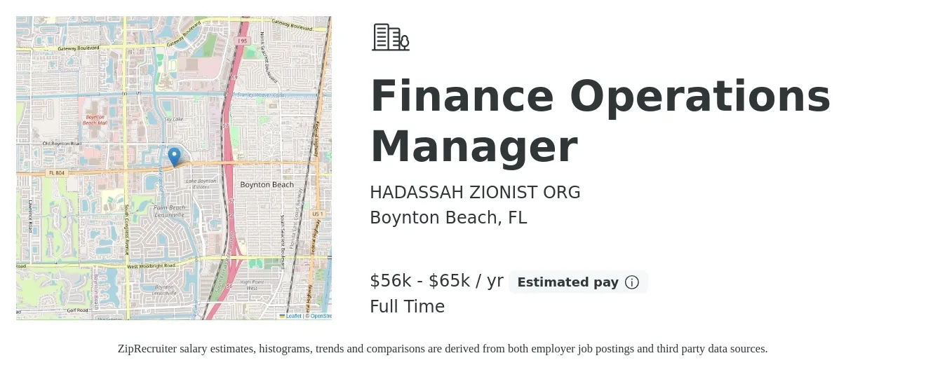 HADASSAH ZIONIST ORG job posting for a Finance Operations Manager in Boynton Beach, FL with a salary of $56,000 to $65,000 Yearly with a map of Boynton Beach location.