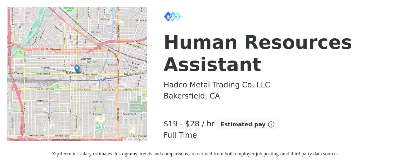Hadco Metal Trading Co, LLC job posting for a Human Resources Assistant in Bakersfield, CA with a salary of $20 to $30 Hourly with a map of Bakersfield location.
