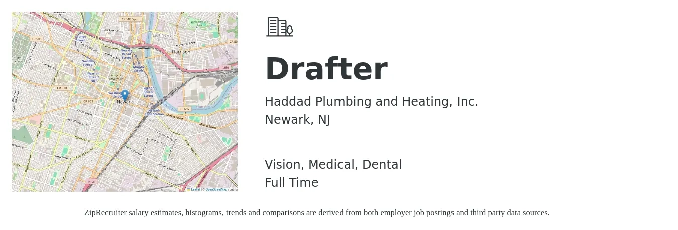 Haddad Plumbing and Heating, Inc. job posting for a Drafter in Newark, NJ with a salary of $23 to $33 Hourly and benefits including 401k, dental, medical, and vision with a map of Newark location.