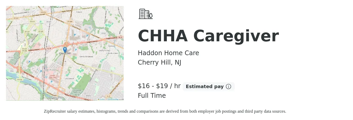 Haddon Home Care job posting for a CHHA Caregiver in Cherry Hill, NJ with a salary of $18 to $20 Hourly with a map of Cherry Hill location.