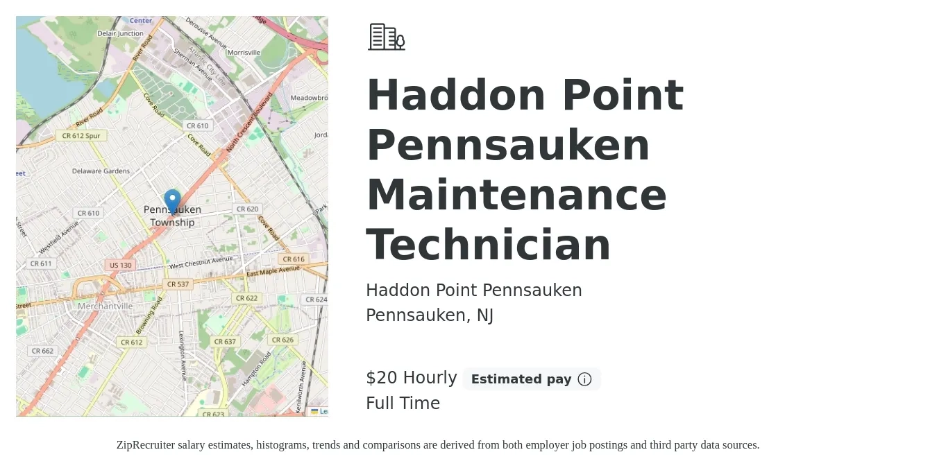 Haddon Point Pennsauken job posting for a Haddon Point Pennsauken Maintenance Technician in Pennsauken, NJ with a salary of $21 Hourly with a map of Pennsauken location.