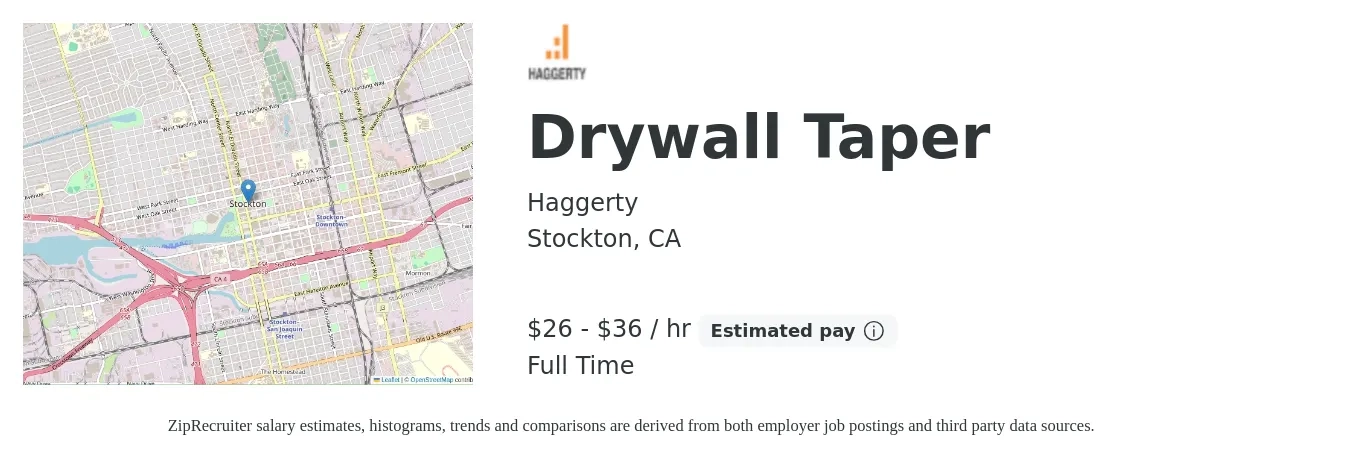 Haggerty job posting for a Drywall Taper in Stockton, CA with a salary of $21 to $33 Hourly with a map of Stockton location.