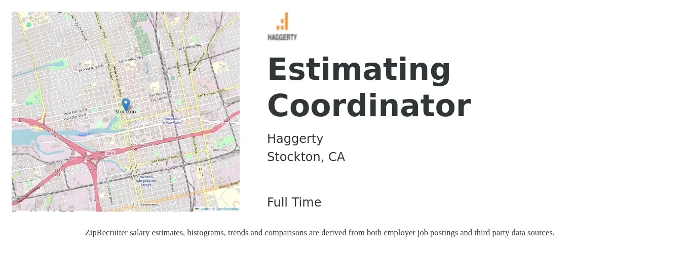 Haggerty job posting for a Estimating Coordinator in Stockton, CA with a salary of $28 to $32 Hourly with a map of Stockton location.