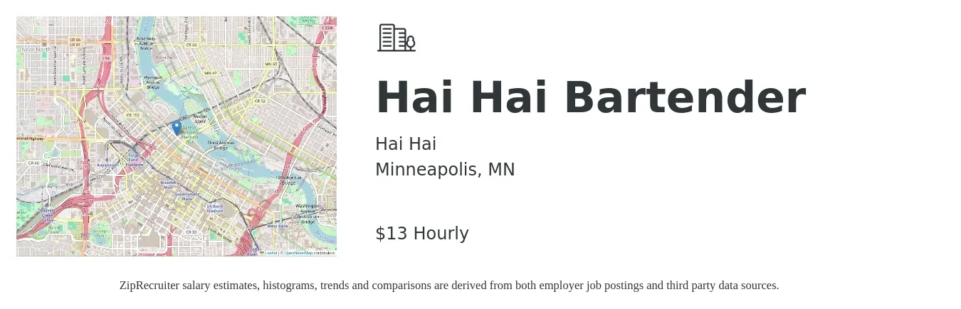 Hai Hai job posting for a Hai Hai Bartender in Minneapolis, MN with a salary of $14 Hourly with a map of Minneapolis location.