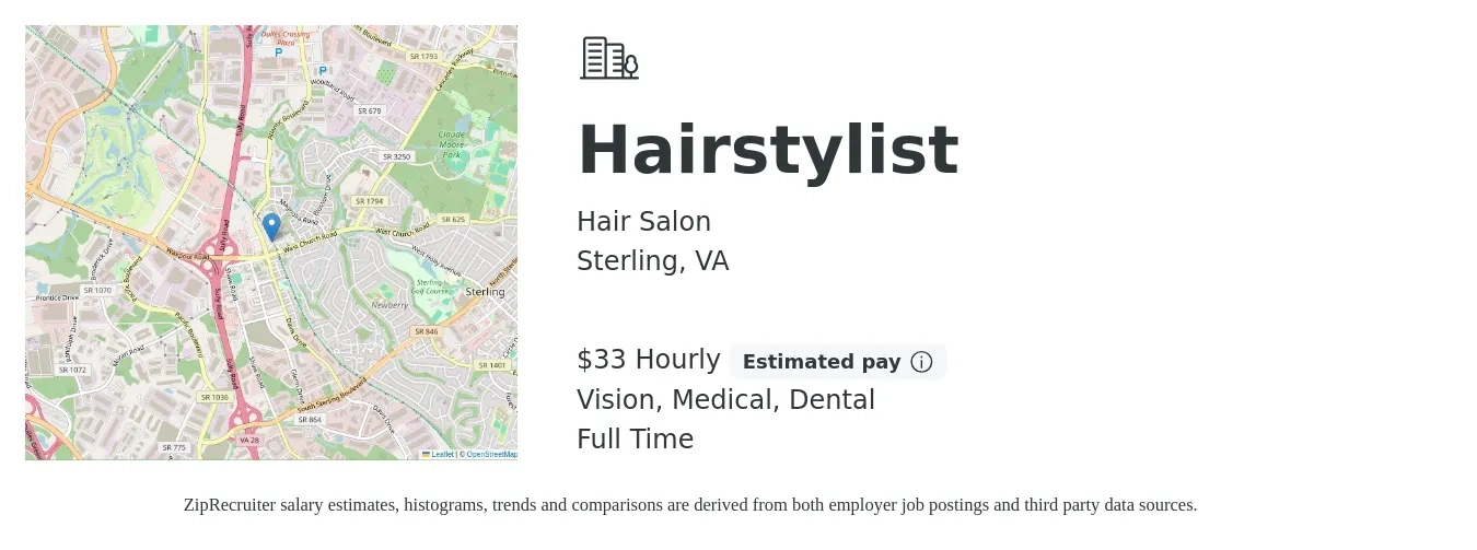 Hair Salon job posting for a Hairstylist in Sterling, VA with a salary of $35 Hourly (plus commission) and benefits including dental, life_insurance, medical, pto, retirement, and vision with a map of Sterling location.