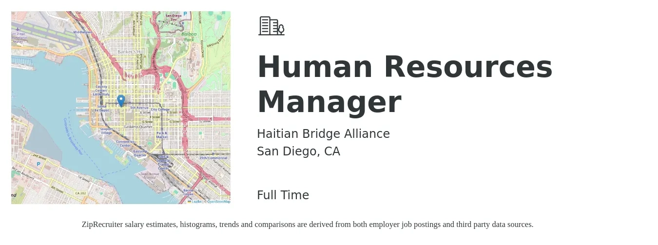 Haitian Bridge Alliance job posting for a Human Resources Manager in San Diego, CA with a salary of $70,000 to $80,000 Yearly with a map of San Diego location.