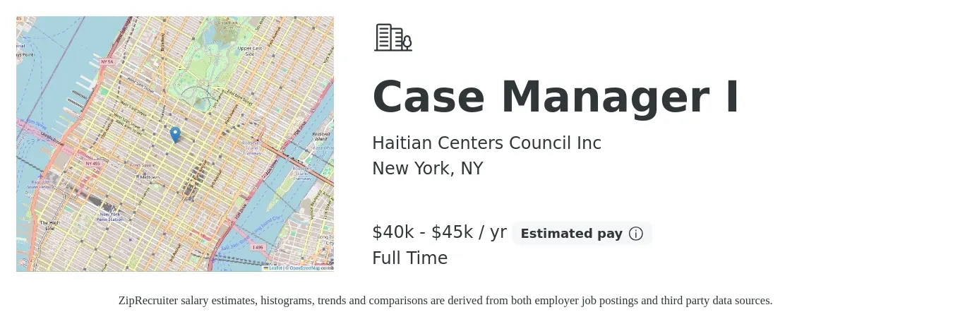 Haitian Centers Council Inc job posting for a Case Manager I in New York, NY with a salary of $40,000 to $45,000 Yearly with a map of New York location.