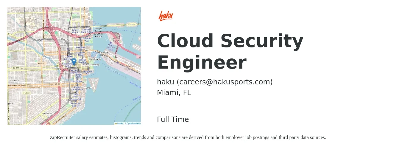 haku (careers@hakusports.com) job posting for a Cloud Security Engineer in Miami, FL with a salary of $136,800 to $151,600 Yearly with a map of Miami location.