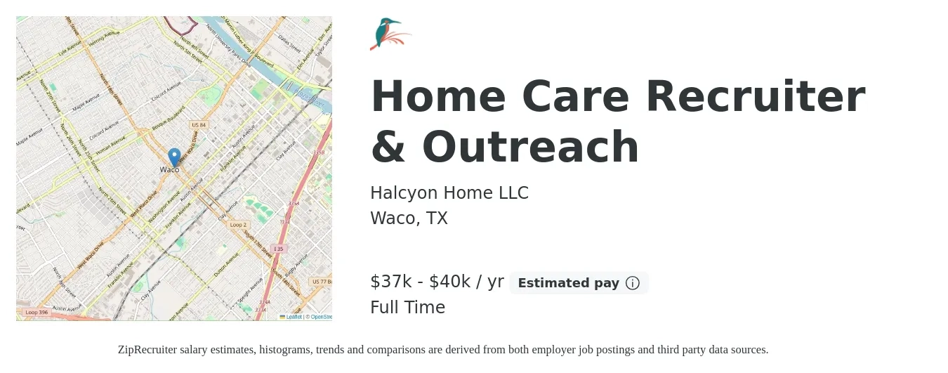 Halcyon Home LLC job posting for a Home Care Recruiter & Outreach in Waco, TX with a salary of $37,000 to $40,000 Yearly with a map of Waco location.