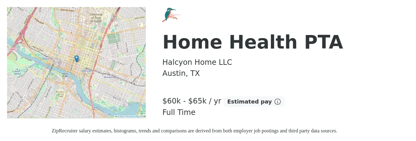 Halcyon Home LLC job posting for a Home Health PTA in Austin, TX with a salary of $60,000 to $65,000 Yearly with a map of Austin location.