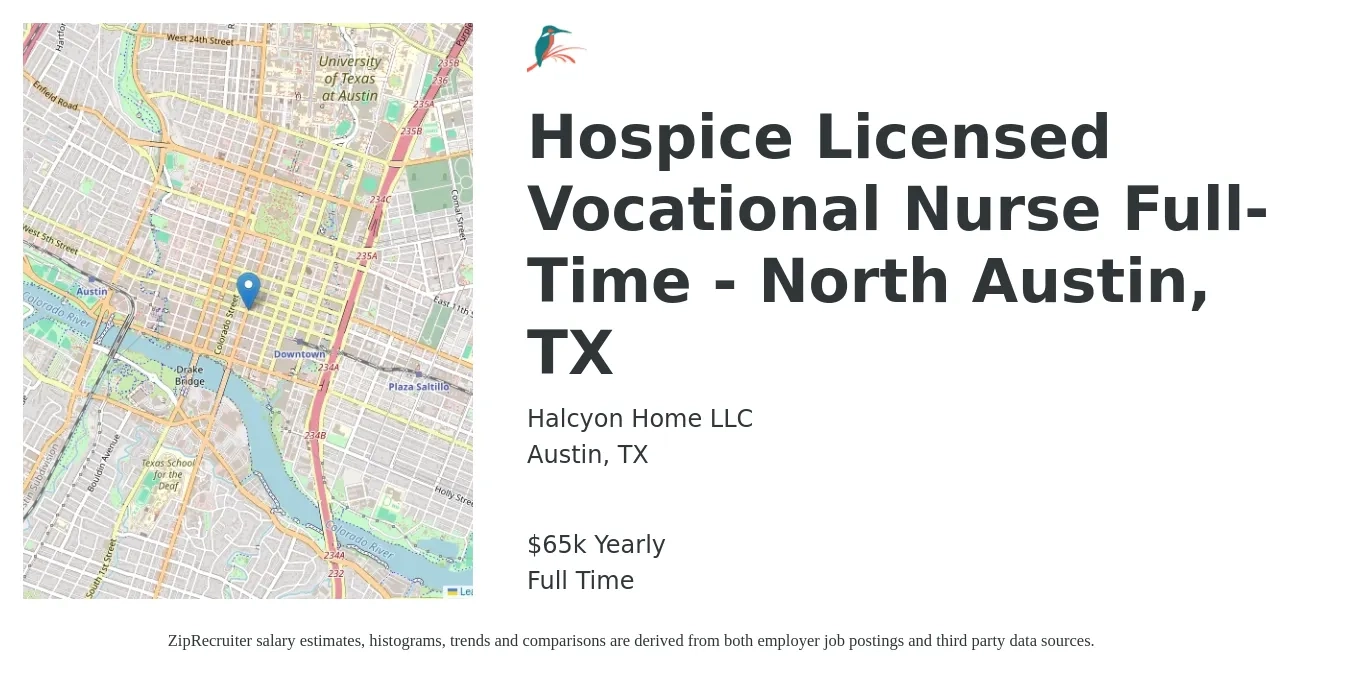 Halcyon Home LLC job posting for a Hospice Licensed Vocational Nurse Full-Time - North Austin, TX in Austin, TX with a salary of $65,000 Yearly with a map of Austin location.