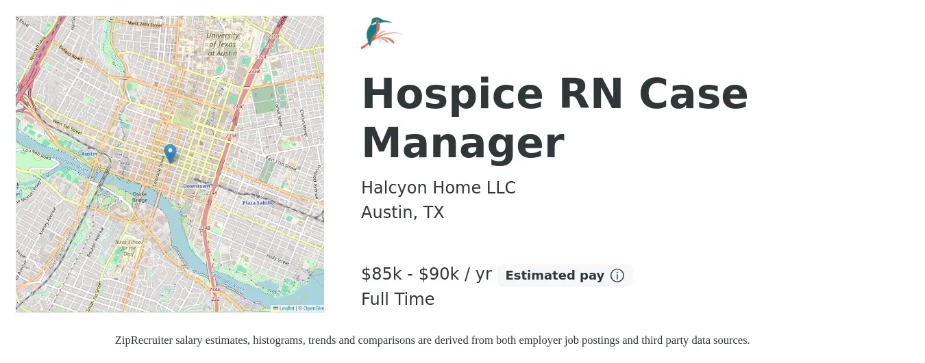 Halcyon Home LLC job posting for a Hospice RN Case Manager in Austin, TX with a salary of $85,000 to $90,000 Yearly with a map of Austin location.